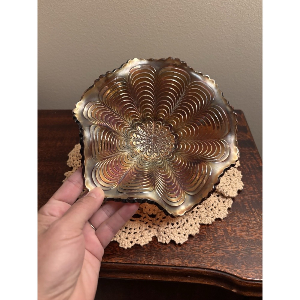 Vintage Fenton Marigold Carnival Glass Ruffled Bowl Peacock Tail Iridescent - Picture 2 of 11